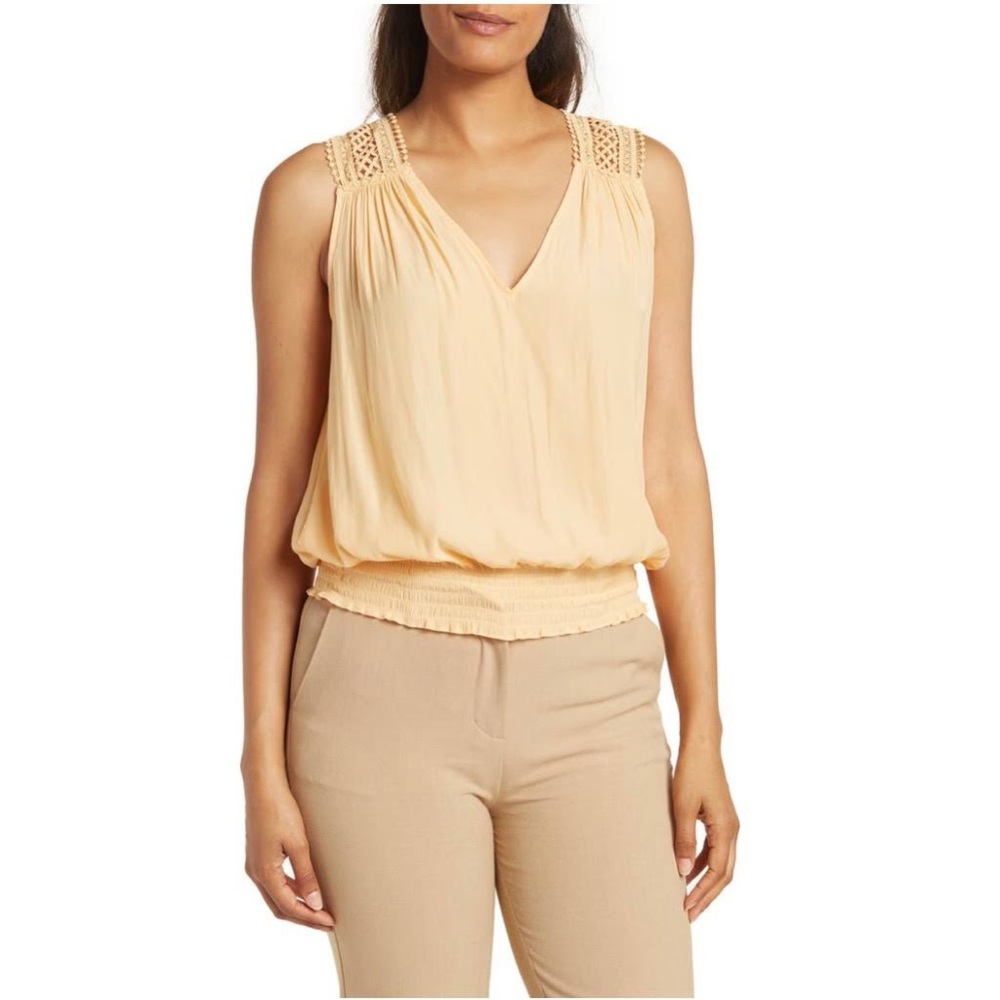 NWT Ramy Brook peach crochet ruched gathered flowy v-neck tank top